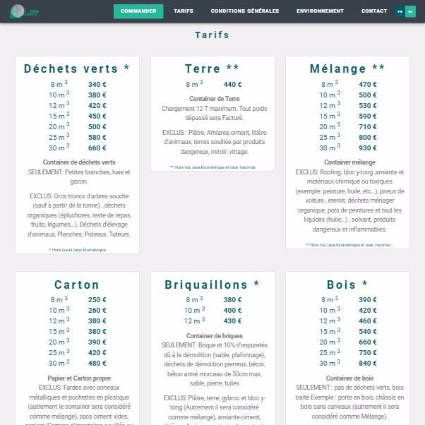 AZ Containers Tariffs Page Screenshot